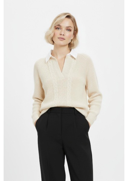 Natural Gömlek Yakalı Örgü Kadın Kazak 2335