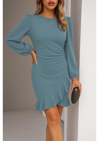 Kadın Uzun Kollu Bisiklet Yaka Önden Volanlı Ithal Krep Elbise modelleri