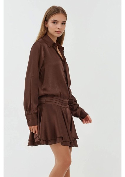 Kadın Gömlek Yakalı Uzun Kollu Fırfırlı Mini Elbise Brown indirimleri
