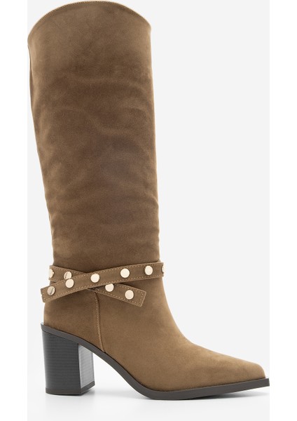 Kadın Sivri Burun Fermuarsız Çıkarılabilen Tokalı Troklu Zımbalı Topuklu Çizme Fuslep Taba Süet modelleri