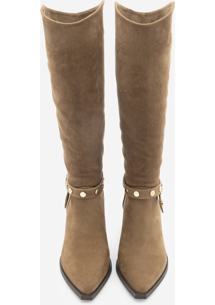 Kadın Sivri Burun Fermuarsız Çıkarılabilen Tokalı Troklu Zımbalı Topuklu Çizme Fuslep Taba Süet