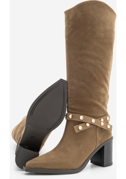 Kadın Sivri Burun Fermuarsız Çıkarılabilen Tokalı Troklu Zımbalı Topuklu Çizme Fuslep Taba Süet fırsatları