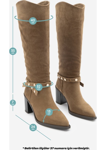 Kadın Sivri Burun Fermuarsız Çıkarılabilen Tokalı Troklu Zımbalı Topuklu Çizme Fuslep Taba Süet