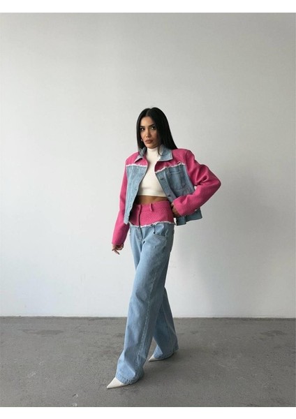 Parçalı Kot Ceket - Pantolon Takım - Fuşya indirimleri