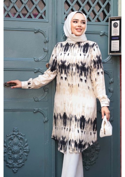 Desenli Siyah Tesettür Viskon Tunik 11744S