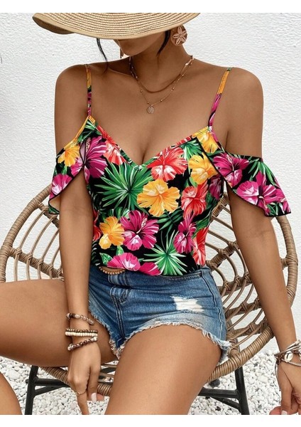 Kadın Askılı Omuzlardan Açık Çiçek Baskılı Bluz