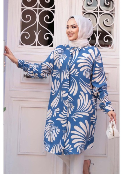 Desenli Indigo Mavisi Tesettür Viskon Tunik 11630IM