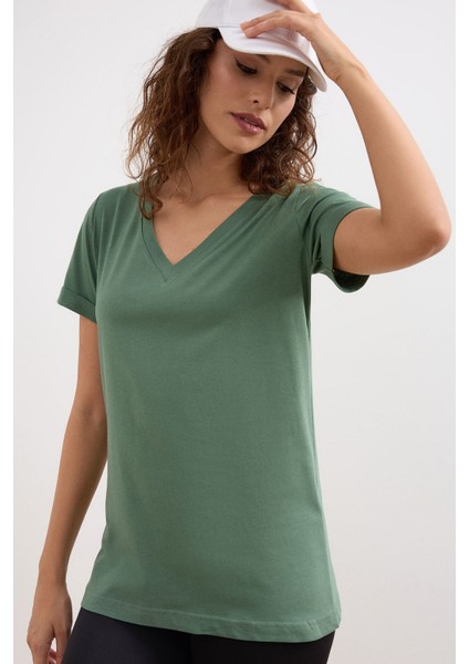 Yeşil Kadın V-Yaka Basic Tişört Örme Pamuk Penye T-Shirt