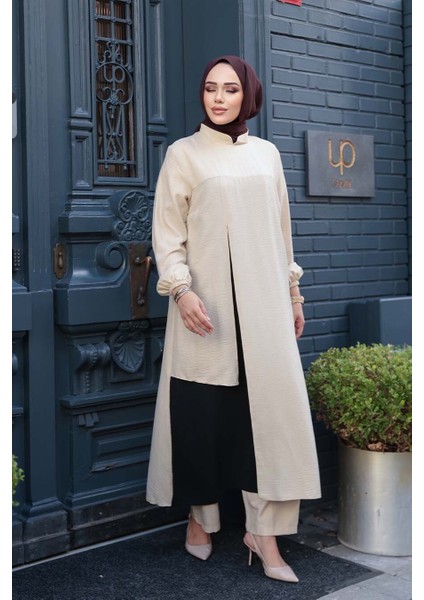 Blok Renk Detaylı Bej Tesettür Ikili Takım 65881BEJ