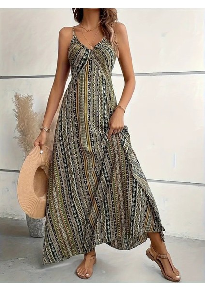 Kadın Ip Askılı Sırttan Çapraz Detaylı Yırtmaçlı Desenli Süprem Elbise modelleri