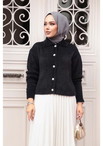 Tüylü Siyah Tesettür Triko Hırka 85321S