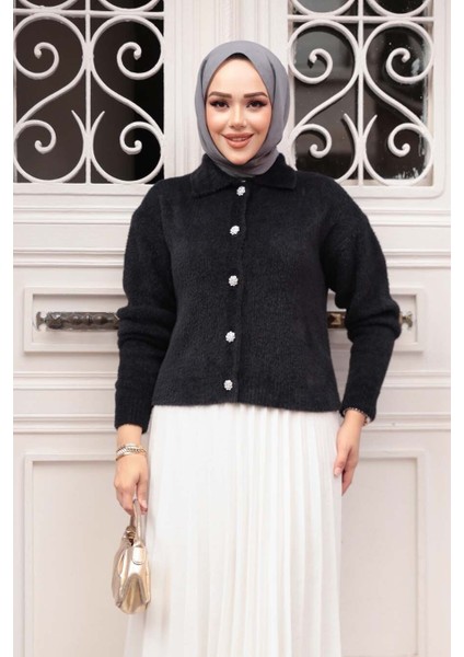Tüylü Siyah Tesettür Triko Hırka 85321S fiyatları