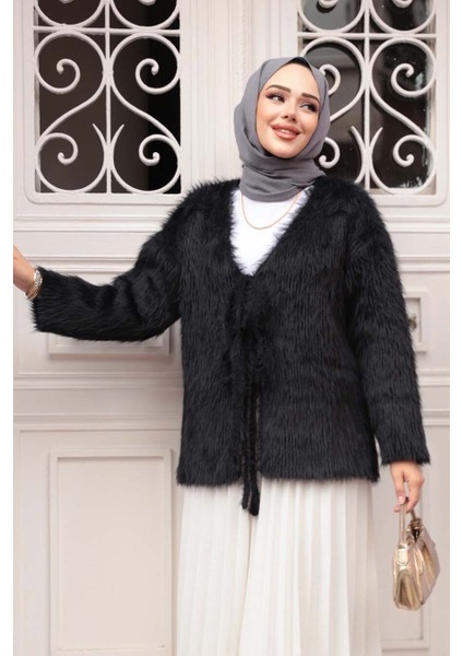 Tüylü Siyah Tesettür Triko Hırka 8682S