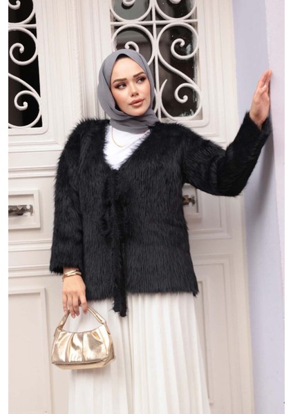 Tüylü Siyah Tesettür Triko Hırka 8682S fiyatları
