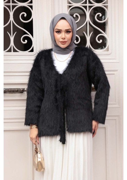 Tüylü Siyah Tesettür Triko Hırka 8682S modelleri