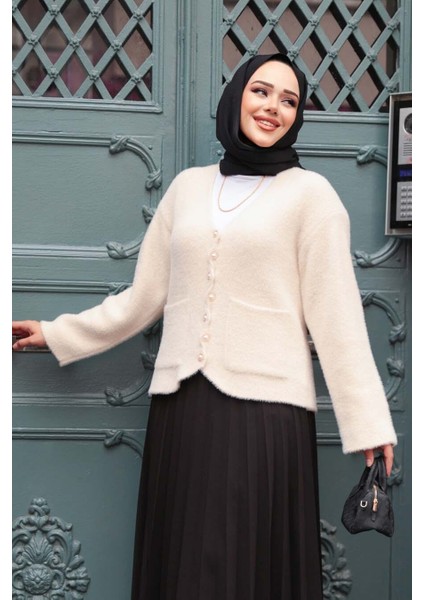 Tüylü Krem Tesettür Triko Hırka 8828KR modelleri
