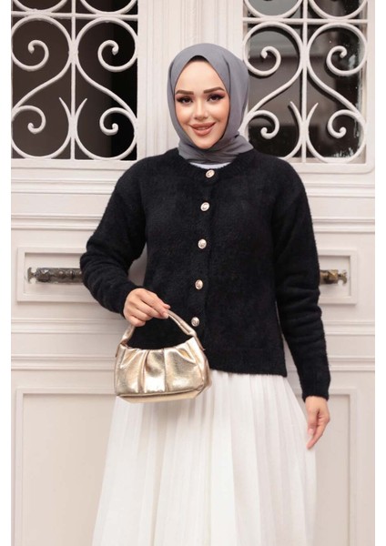 Tüylü Siyah Tesettür Triko Hırka 86041S