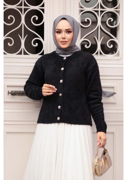 Tüylü Siyah Tesettür Triko Hırka 86041S fiyatları