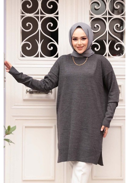 Koyu Füme Tesettür Triko Kazak Tunik 17203KFU