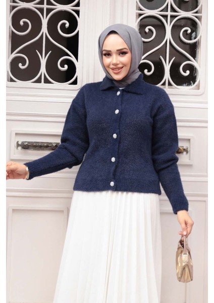 Tüylü Lacivert Tesettür Triko Hırka 85321L