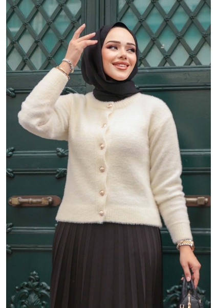 Tüylü Krem Tesettür Triko Hırka 86041KR