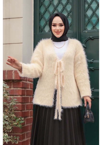 Tüylü Krem Tesettür Triko Hırka 8682KR