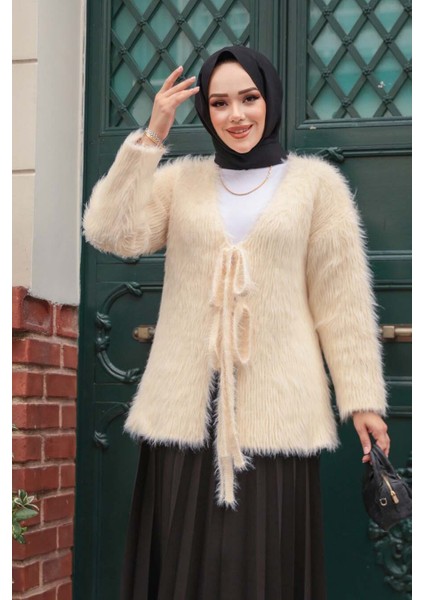Tüylü Krem Tesettür Triko Hırka 8682KR fiyatları