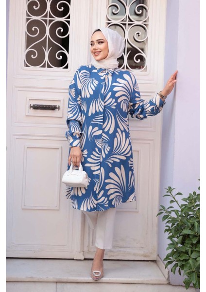 Desenli Indigo Mavisi Tesettür Viskon Tunik 11630IM fiyatları
