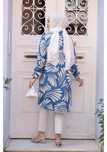 Desenli Indigo Mavisi Tesettür Viskon Tunik 11630IM modelleri