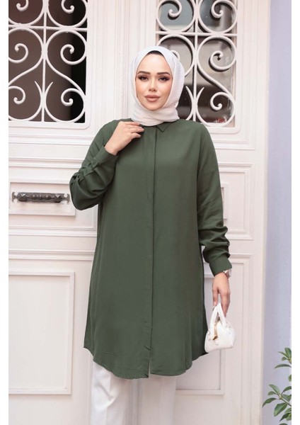 Düğmeli Açık Haki Tesettür Tunik 11715AHK
