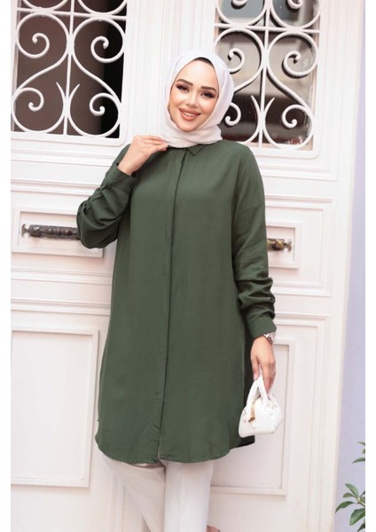 Düğmeli Açık Haki Tesettür Tunik 11715AHK fiyatları