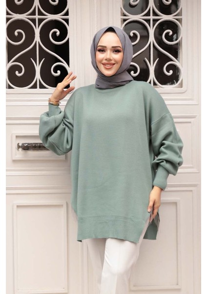 Zincir Detaylı Mint Tesettür Triko Kazak Tunik 17202MINT