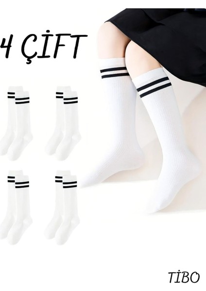 4 Çift Burun Dikişsiz Kız Çocuk Çizgili Dizaltı Kolej Çorap