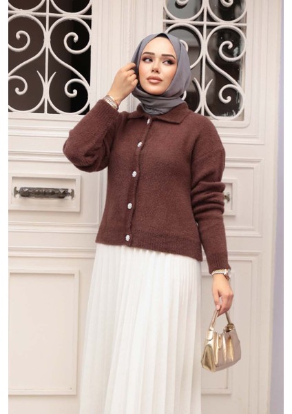 Tüylü Kahverengi Tesettür Triko Hırka 85321KH