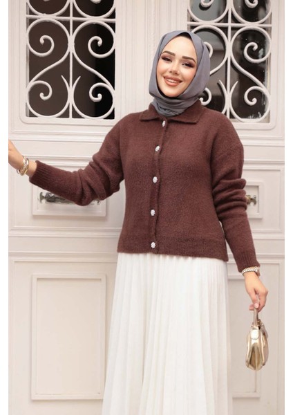 Tüylü Kahverengi Tesettür Triko Hırka 85321KH fiyatları