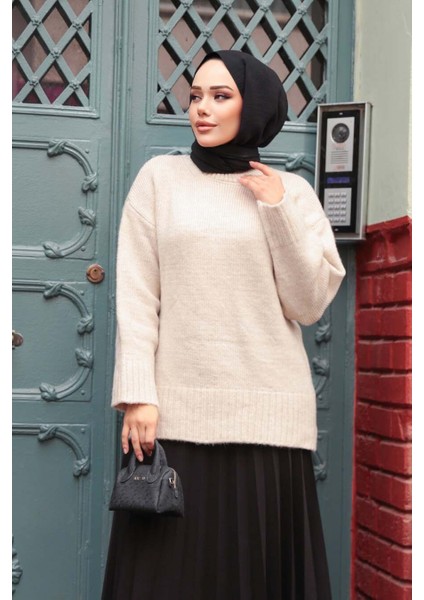 Koyu Bej Tesettür Triko Kazak Tunik 87181BEJ