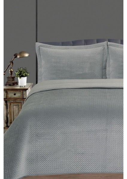 Toskana Çift Kişilik Lüks Kadife Yatak Örtüsü Gri