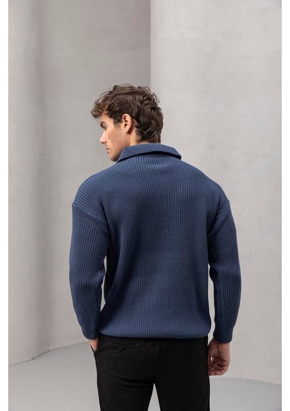 Gibson Oversize Yarım Fermuar Gömlek Polo Yaka Selanik Örme Erkek Triko Kazak - Indigo