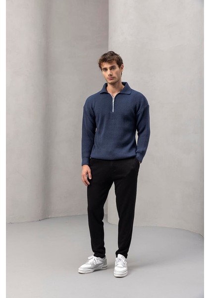 Gibson Oversize Yarım Fermuar Gömlek Polo Yaka Selanik Örme Erkek Triko Kazak - Indigo