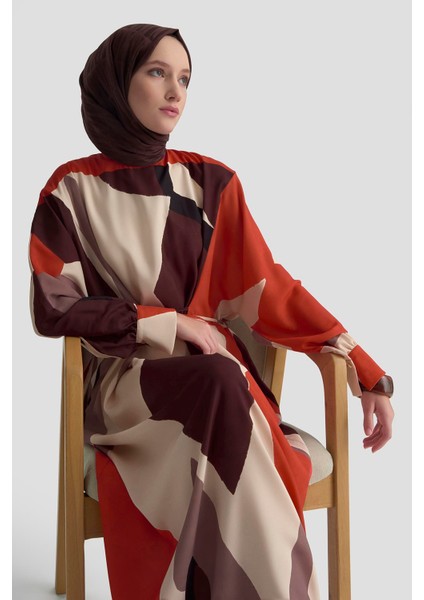 Çapraz Bağlamalı Desenli Elbise 25K9101 Kiremit