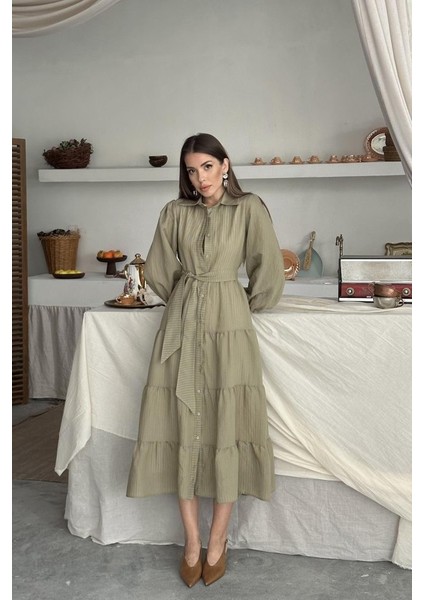 Çağla Çizgi Desenli Uzun Elbise fiyatları