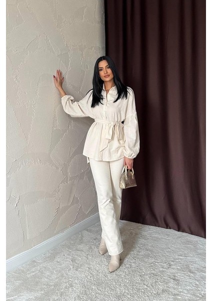 Bej Petek Jakar Kumaşlı Gömlek