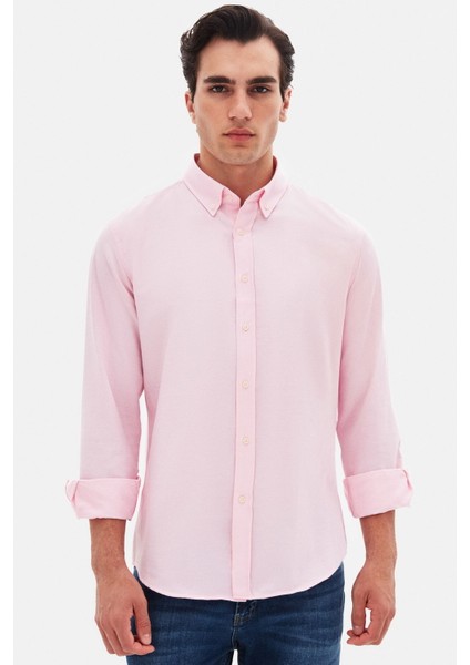 Slim Fit Pembe Armürlü Düğmeli Yaka Pamuklu Gömlek 5HC02ORT07265