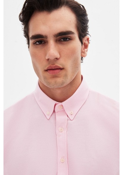 Slim Fit Pembe Armürlü Düğmeli Yaka Pamuklu Gömlek 5HC02ORT07265 modelleri
