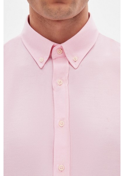 Slim Fit Pembe Armürlü Düğmeli Yaka Pamuklu Gömlek 5HC02ORT07265 fırsatları