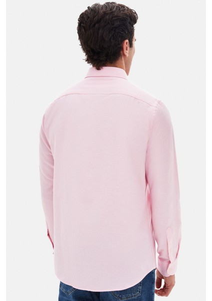 Slim Fit Pembe Armürlü Düğmeli Yaka Pamuklu Gömlek 5HC02ORT07265