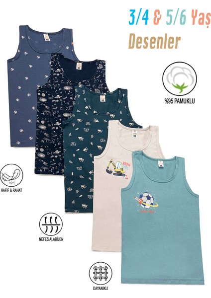 31800 5'li Paket Erkek Çocuk Karışık Renkli Desenli Pamuklu Yumuşak Rahat Kalın Askılı Atlet