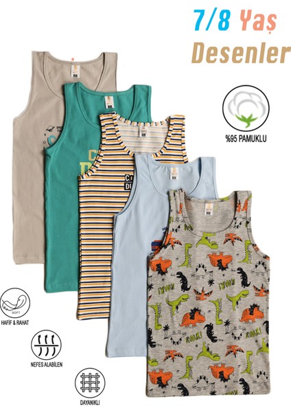 31800 5'li Paket Erkek Çocuk Karışık Renkli Desenli Pamuklu Yumuşak Rahat Kalın Askılı Atlet