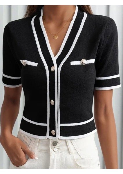 Kadın Kısa Kollu Önden Düğmeli Triko Bluz