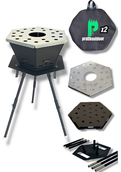 Altıgen Şömine & Katlanır Ateş Çukuru ve Mangal Seti (Ateş Çukuru + Izgara + Ayak Standı)